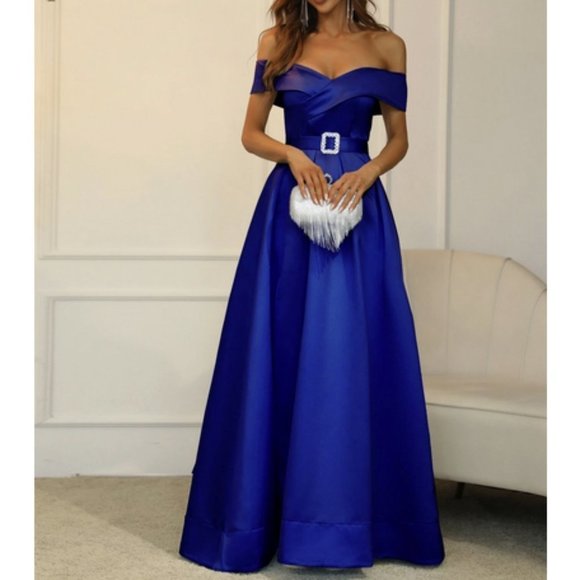Chic Off Shoulder Boxy Pleated Split Thigh Prom Maxi Dress Blue - Picture 4 of 9